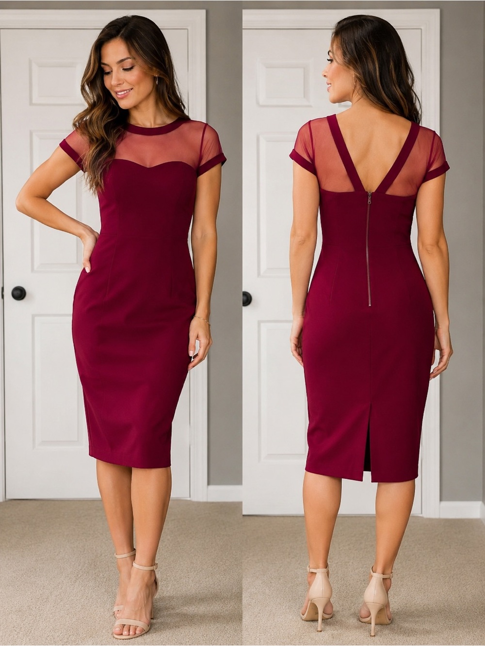 Maggy London Burgundy Mesh Yoke Sheath Midi Dress